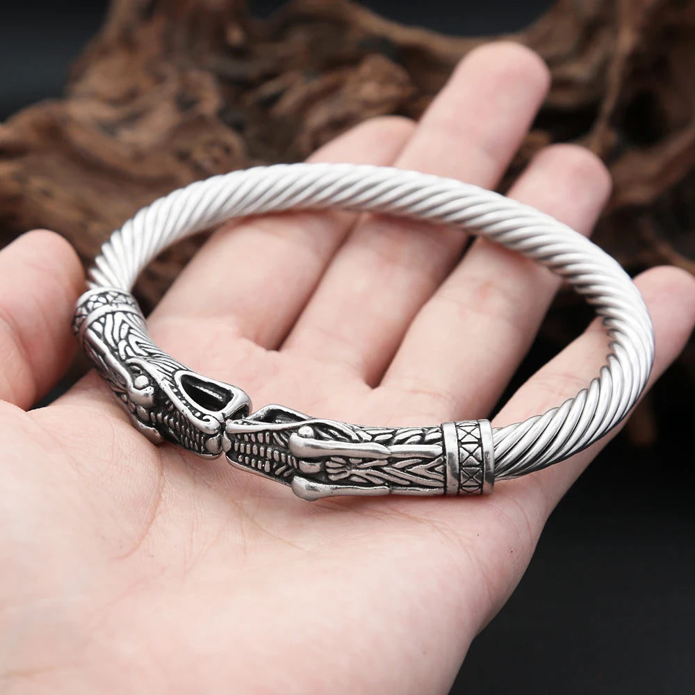 Vintage Nordic Vikings Dragon Bracelets For Men 316L Stainless Steel Open Animal Cuff Bangles Fashion Charm Scandinavian Jewelry