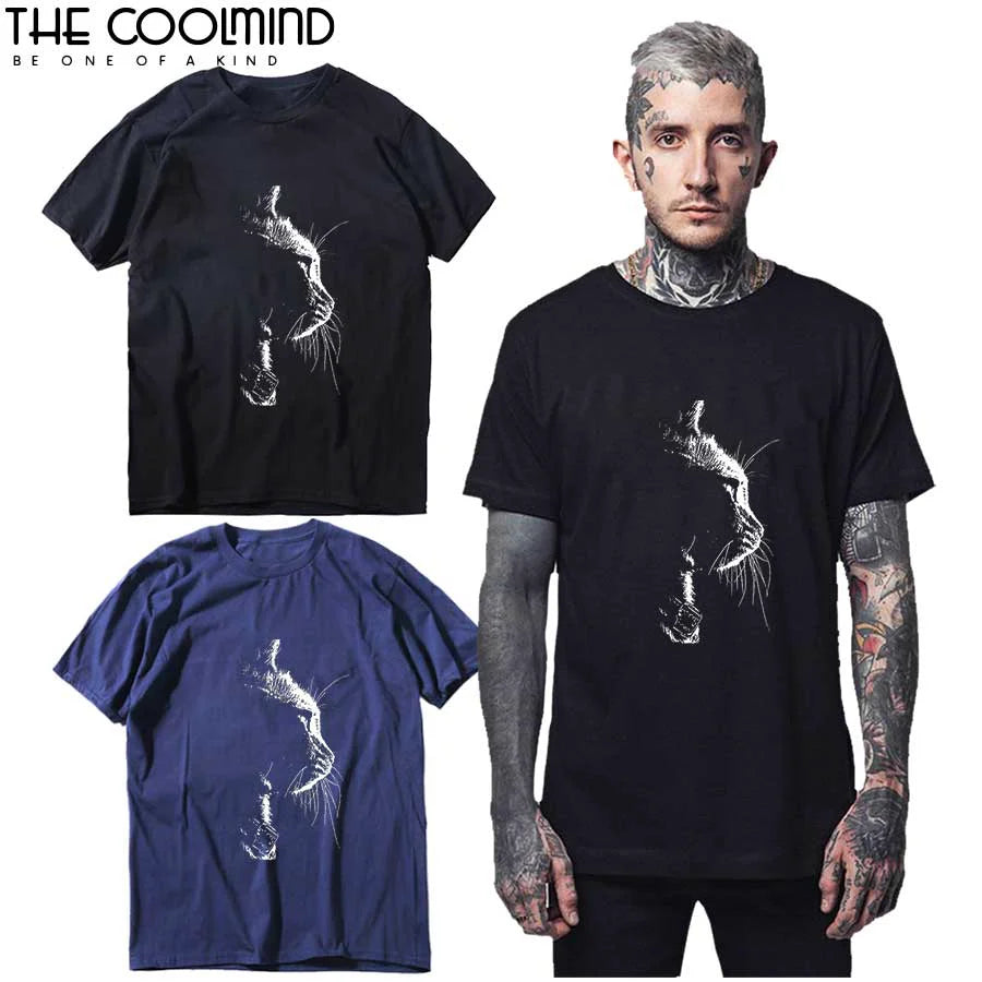 COOLMIND 100% Cotton Short Sleeve Cat Print Men Tee Shirts Casual Cool Cat Men T Shirt Summer Loose Men Tshirt Cool t-shirt Male