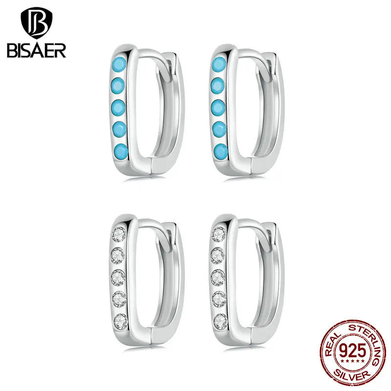 BISAER 925 Sterling Silver Simple D Shape Hoop Geometry Ear Buckles Plated White Gold For Women Party Original Fine Jewelry Gift