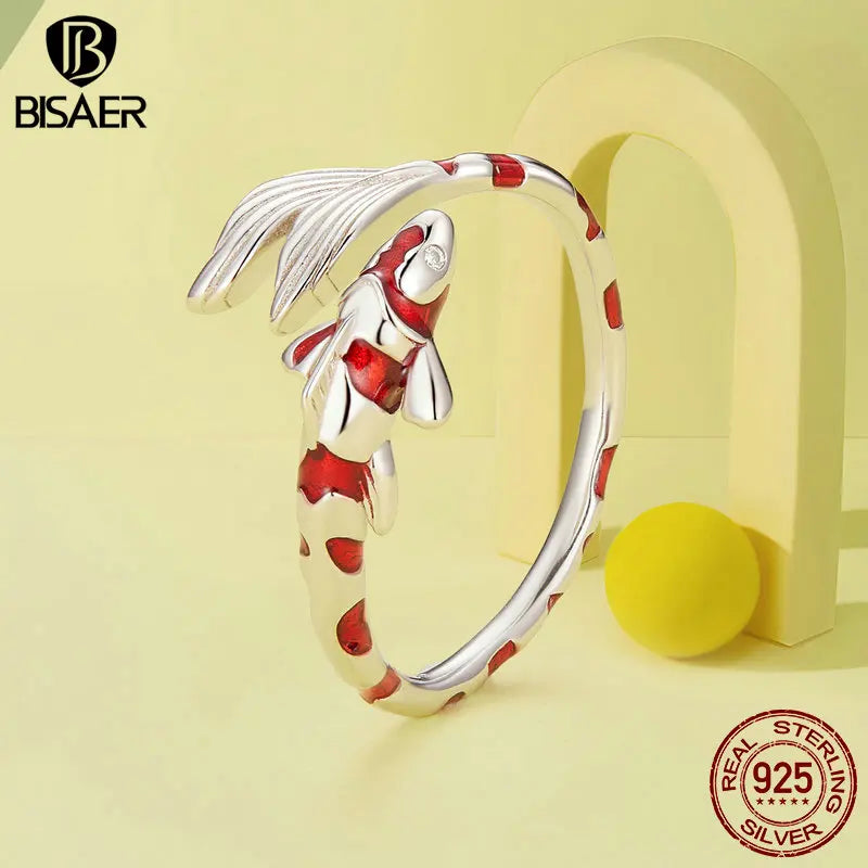 BISAER 925 Sterling Silber Rot Koi Glück &amp; Mut Schmuck Set Ohr Schnalle Halskette Armband Offenen Ring für Glück Frau Party Geschenk