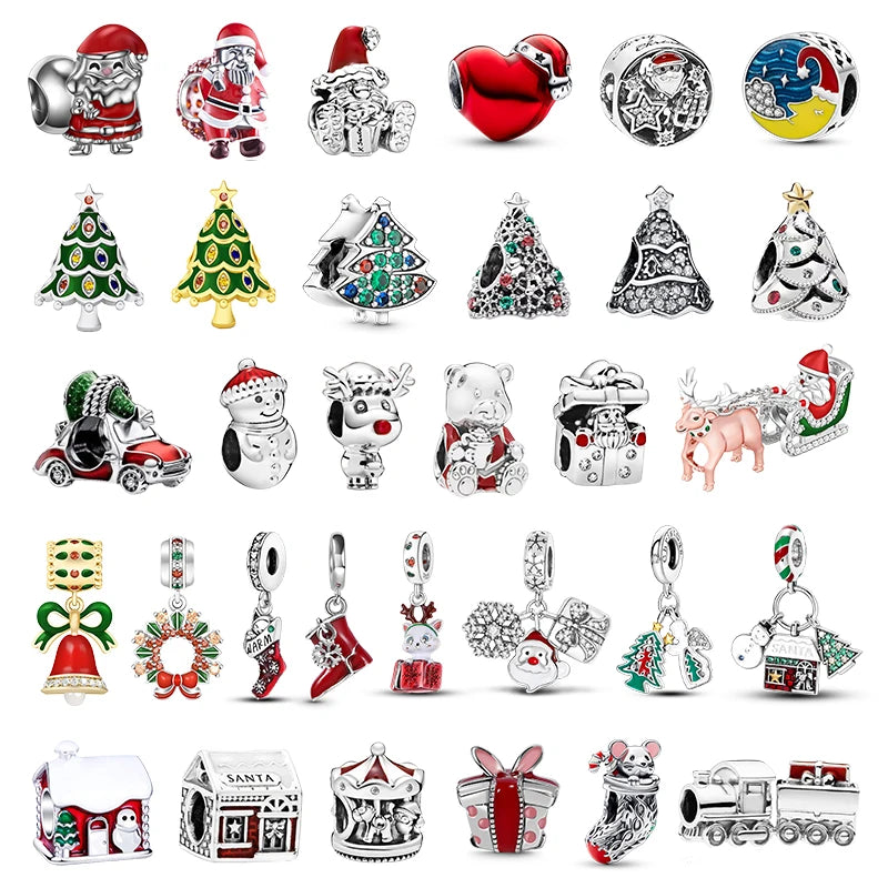 925 Sterling Silber Weihnachtsbaum Elch Glocken Charme Santa Claus Rot Farbe Perlen Anhänger Fit Perlen Original Armband DIY Schmuck