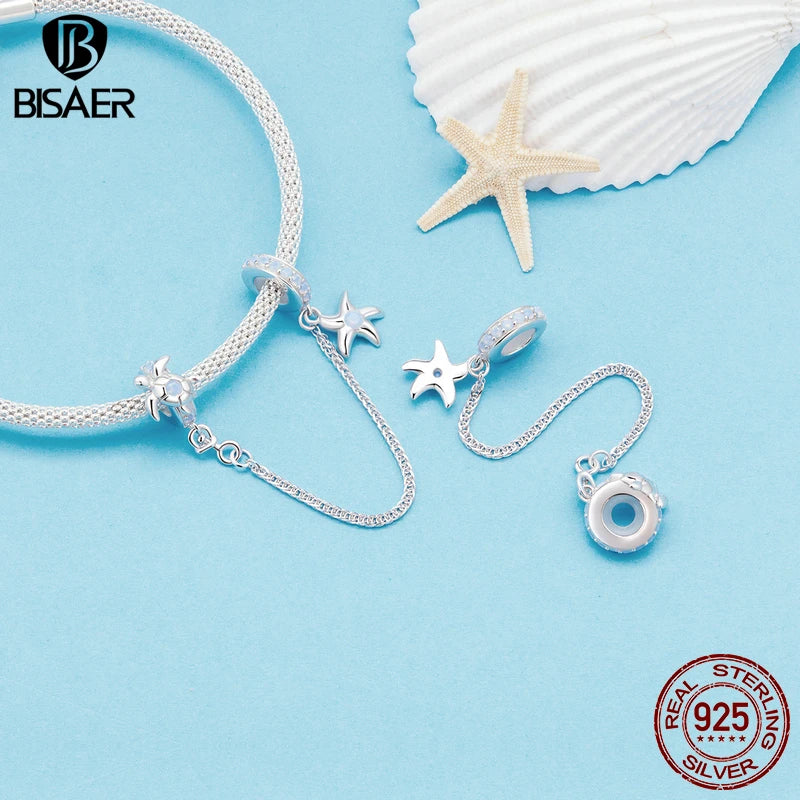 BISAER Real 925 Sterling Silver Underwater World Charm Bead Moonstone Pendant Plated Platinum Fit Women DIY Bracelet Jewelry