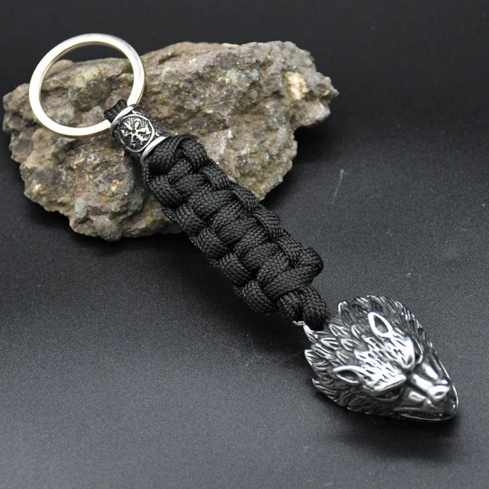 Viking Wolf Head Survival Rope Keychain Men's Stainless Steel Pendant Paracord Keyring Handmade Norse Pirates Rune Amulet Jewelr