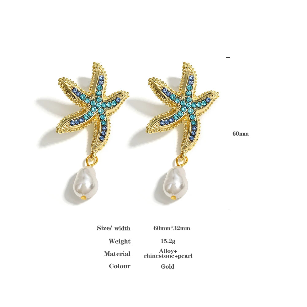 Bohemia Star Fish Earrings Drop Pearl Blue Rhinestones Dangle Earrings for Women Starfish Jewelry Summer Holiday Beach Gifts