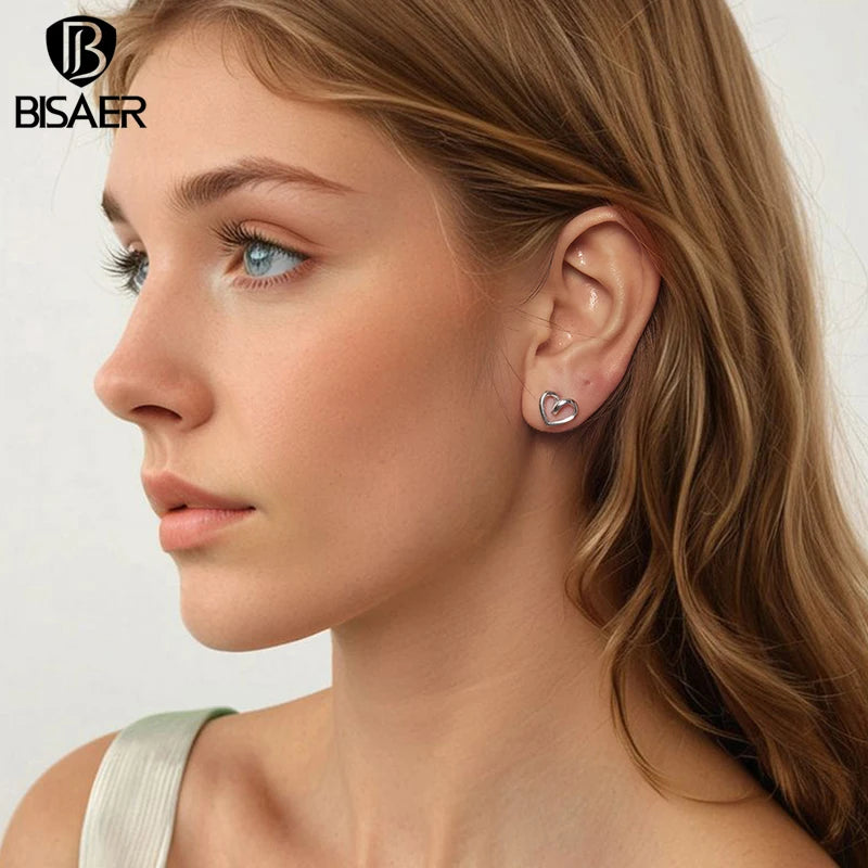 BISAER Real 925 Sterling Silver Minimalist Heart Stud Earrings Twsisted Hearts Stud Ear For Women Party Original Fine Jewelry