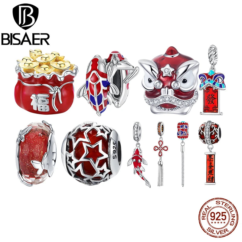 BISAER 100% 925 Sterling Silver Chinese New Year Red DIY Charms Beads Lantern Pendant Fit Women DIY Bracelet Fine Jewelry