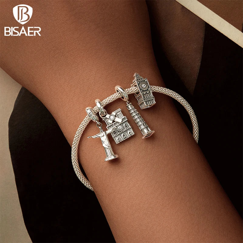 BISAER 100% 925 Sterling Silver Christ Redeemer Charms Beads Big Ben Tower of Pisa Pendant Fit Woman DIY Bracelet Fine Jewelry