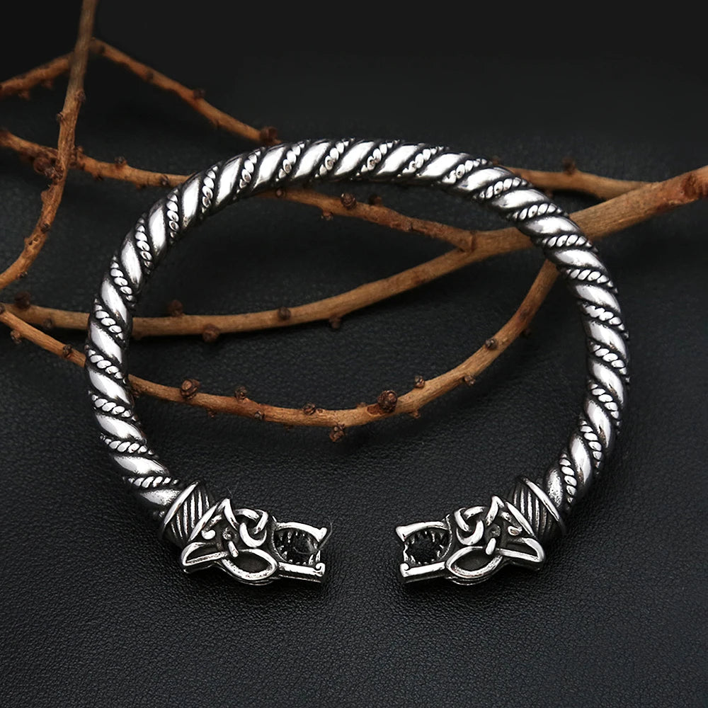 Norse Vikings Stainless Steel Dragon Head Cuff Bracelet Men's Punk Retro Viking Animal Amulet Opening Bangles Fashion Jewelry