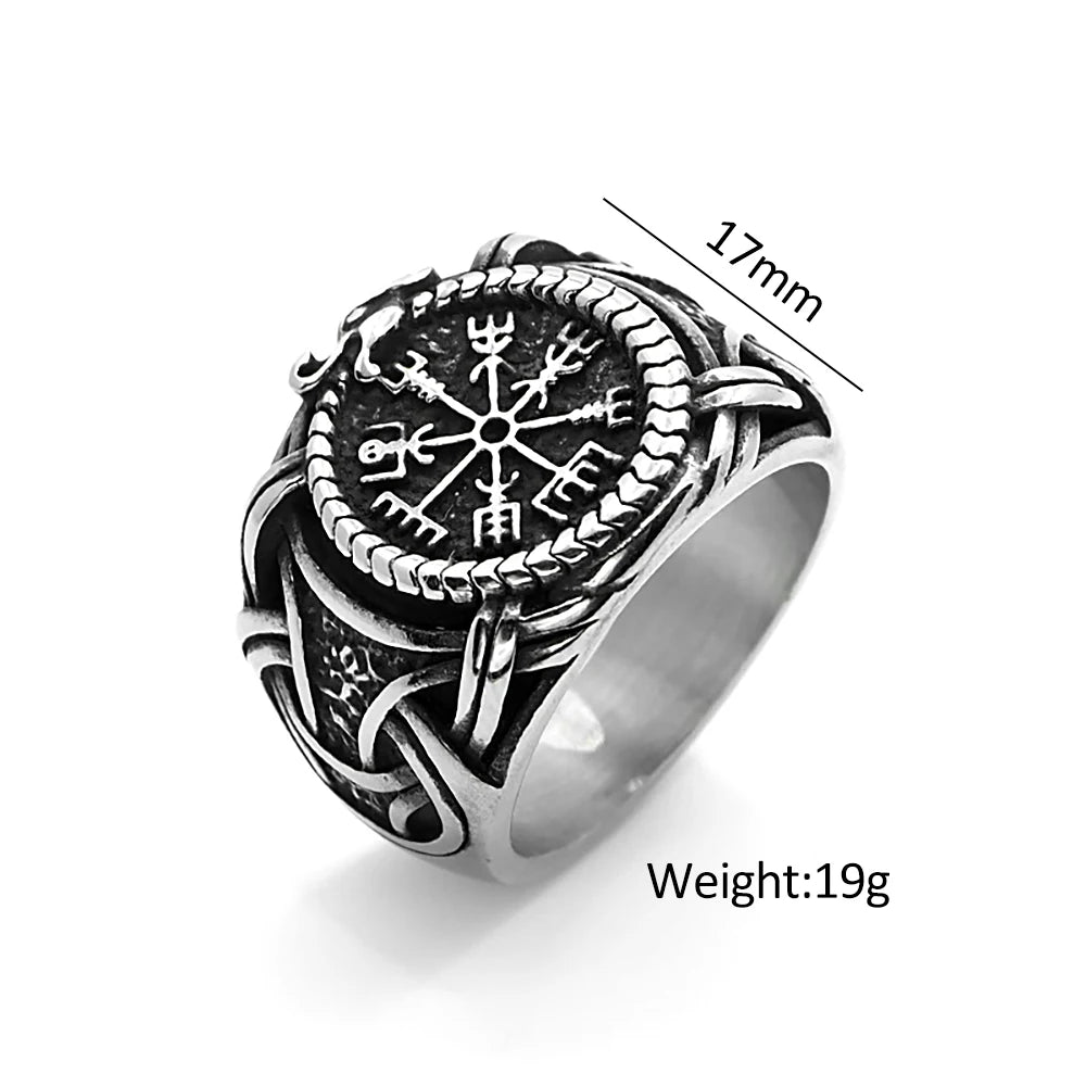 Vintage Viking Compass Helm of Awe Ring Stainless Steel Men Nordic Ethnic Belief Aegishjalmur Viking Rings Jewelry Free Shipping