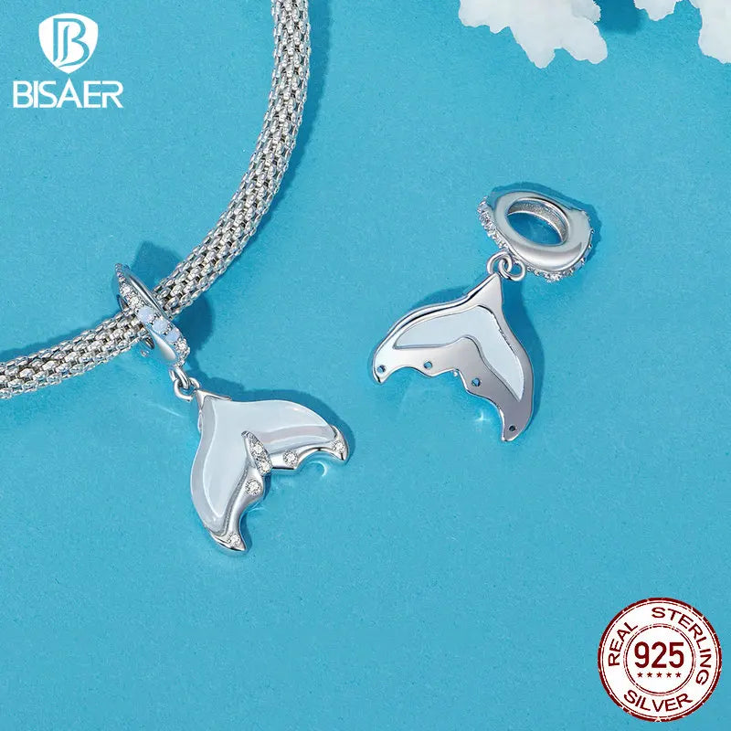 BISAER - Colgante de plata de ley 925 con forma de oso rosa y forma de corazón con forma de cola de sirena, apto para pulseras románticas para niñas, joyería fina para fiestas