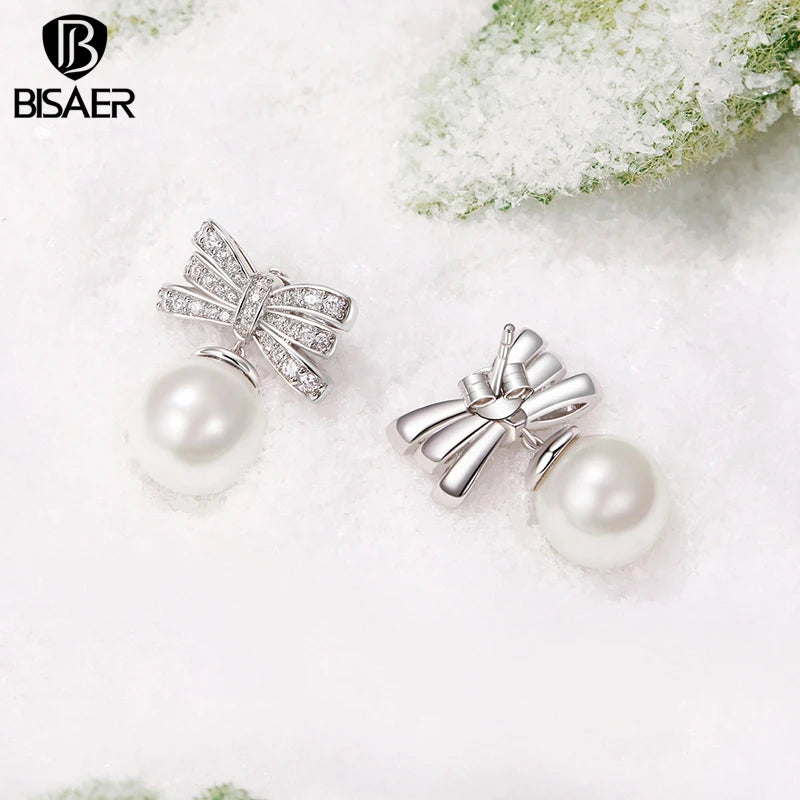 BISAER Boucles d'oreilles à tige en perles avec nœud papillon classique et élégantes, plaquées or blanc, pour femme, fête, fiançailles, bijoux tendance YIE247