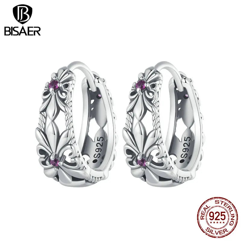 BISAER - Pendientes de aro con forma de flor de circonita morada y hebillas de oreja de iris vintage de plata de ley 925 para mujeres afortunadas, joyería fina original