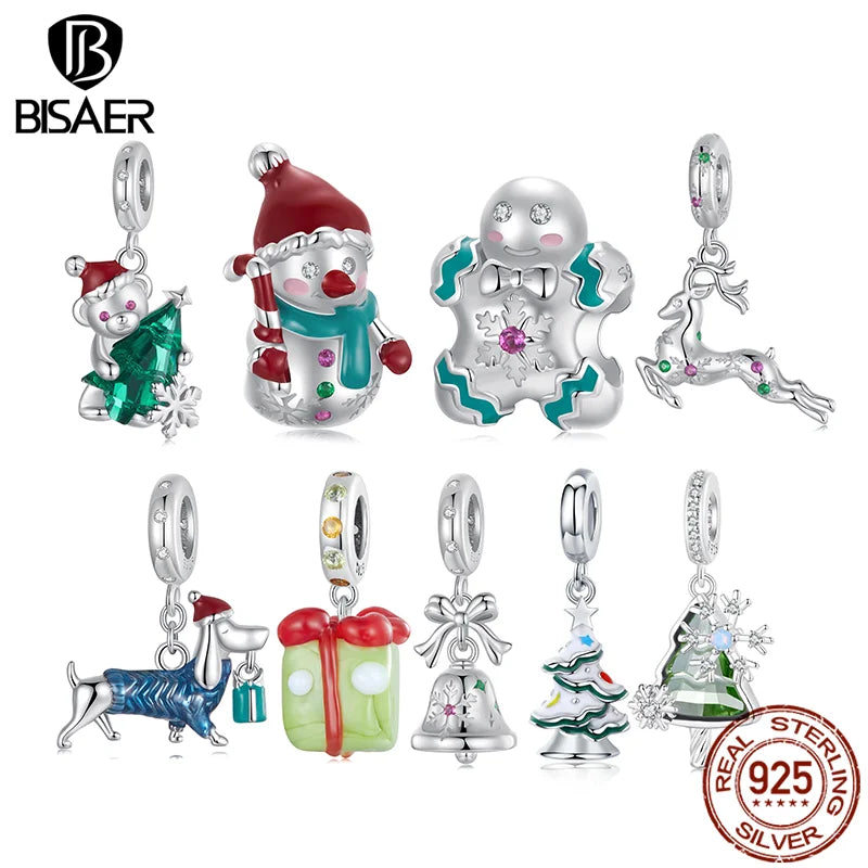 BISAER 925 Sterling Silver Christmas Bear Reindeer Bell Charm Bead Snowman Christmas Tree Pendant Fit DIY Bracelet Jewelry Gift