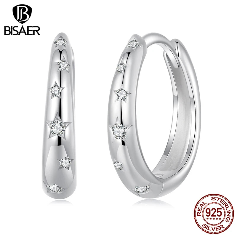 BISAER 925 Sterling Silver Star Hoop Earrings For Woman Pave Setting Zircon Buckles Earrings Plated White Gold Fine Jewelry