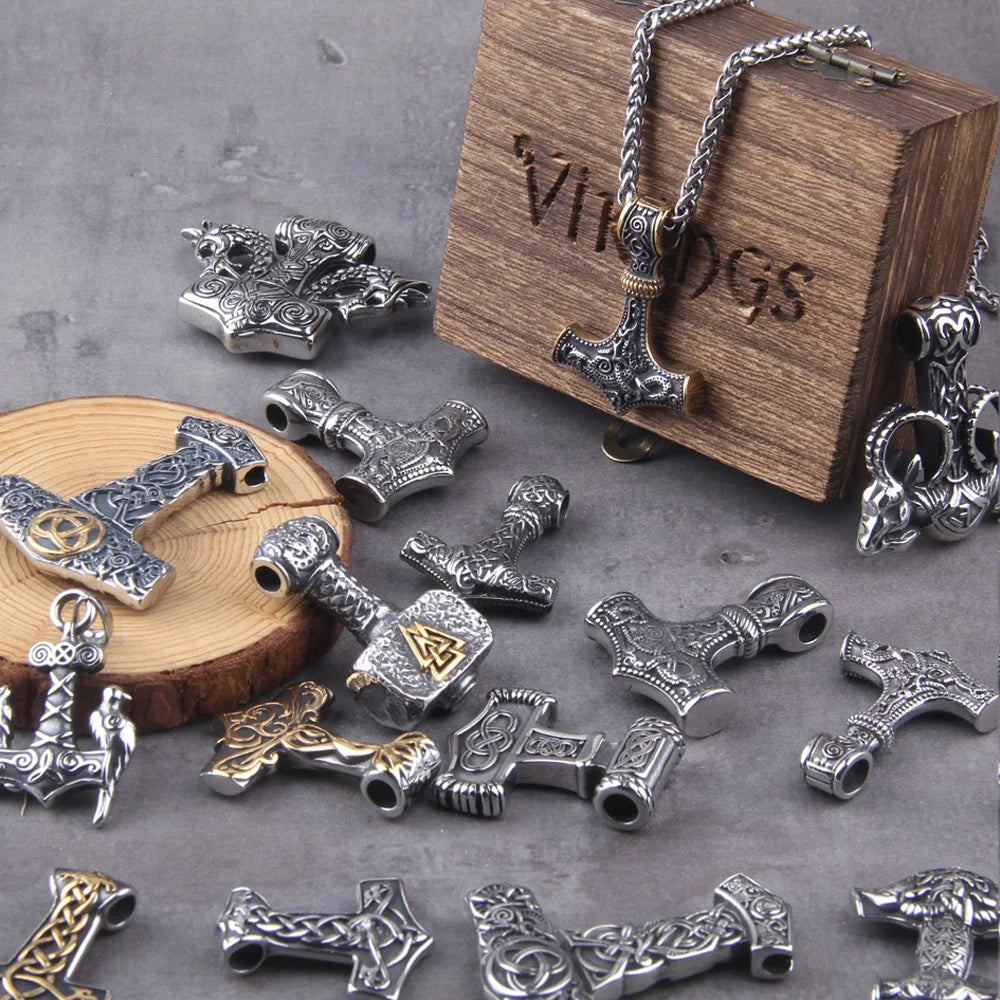 Fashion Valknut Viking Thor's Hammer Pendant Necklace With keel Chain As Men Gift with wooden box