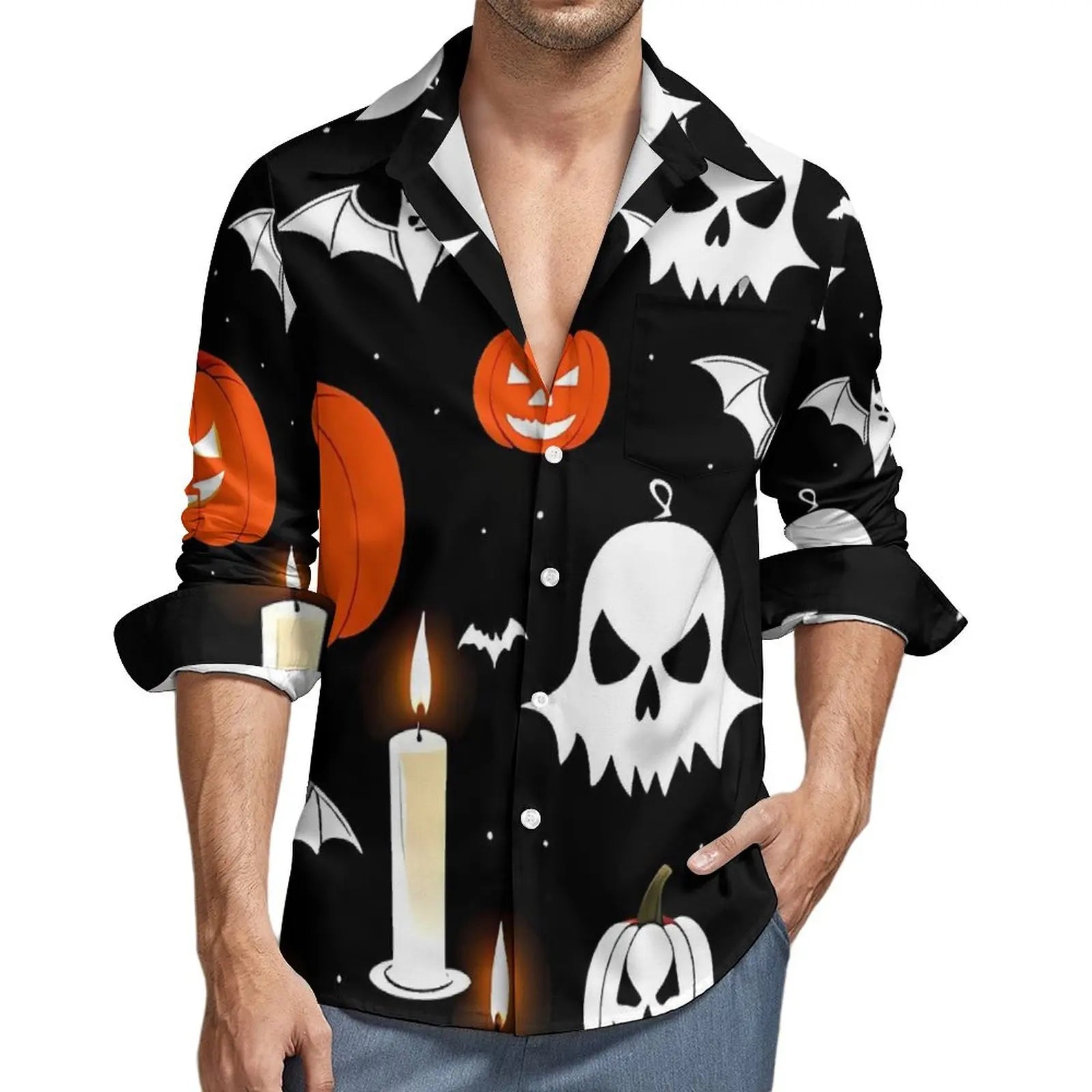 Happy Haunts Casual Shirts Halloween Katze Geist Retro Shirt Frühling Y2K Lustige Oversize Bluse Männer Langarm Grafik Kleidung Geschenk