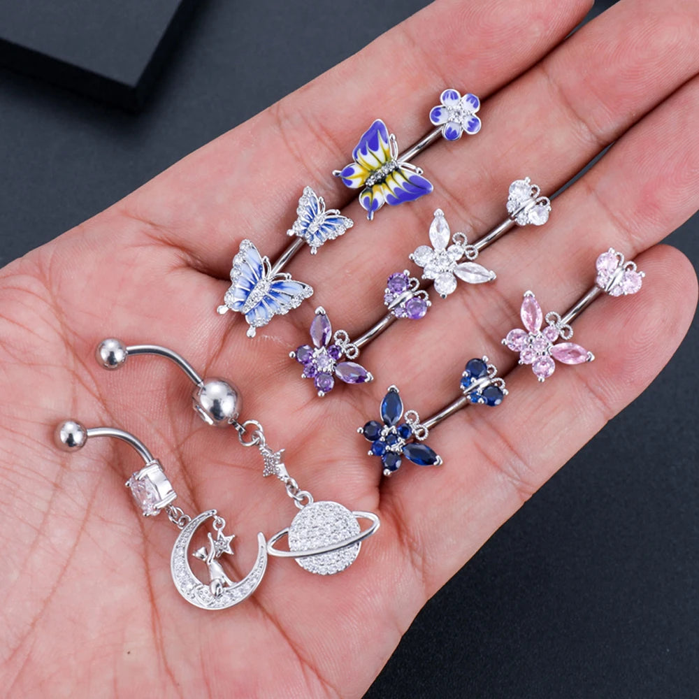 1PC Butterfly Belly Button Ring 316L Steel Pick Star Crystal Surgical Navel Rings Belly Piercing Body Jewelry Dangled Drop Oreja