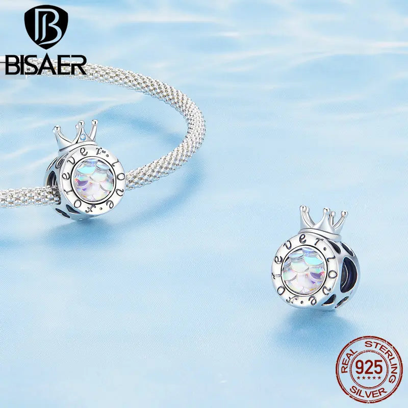 BISAER 925 Sterling Silver Princess Crown Charm Bead Pink Heart Bow Castle Pendant For Romantic Women DIY Bracelets Fine Jewelry