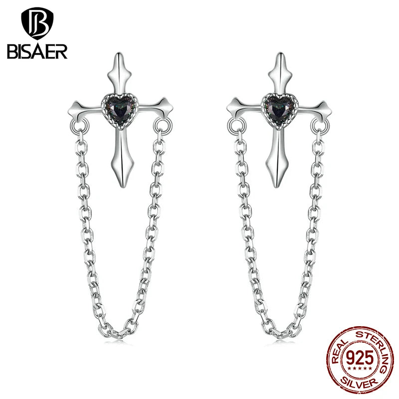 BISAER Boucles d'oreilles à tige en argent sterling 925 avec chaîne vintage et croix en forme de cœur en zircone cubique plaqué or blanc pour femme, bijoux fins de fête