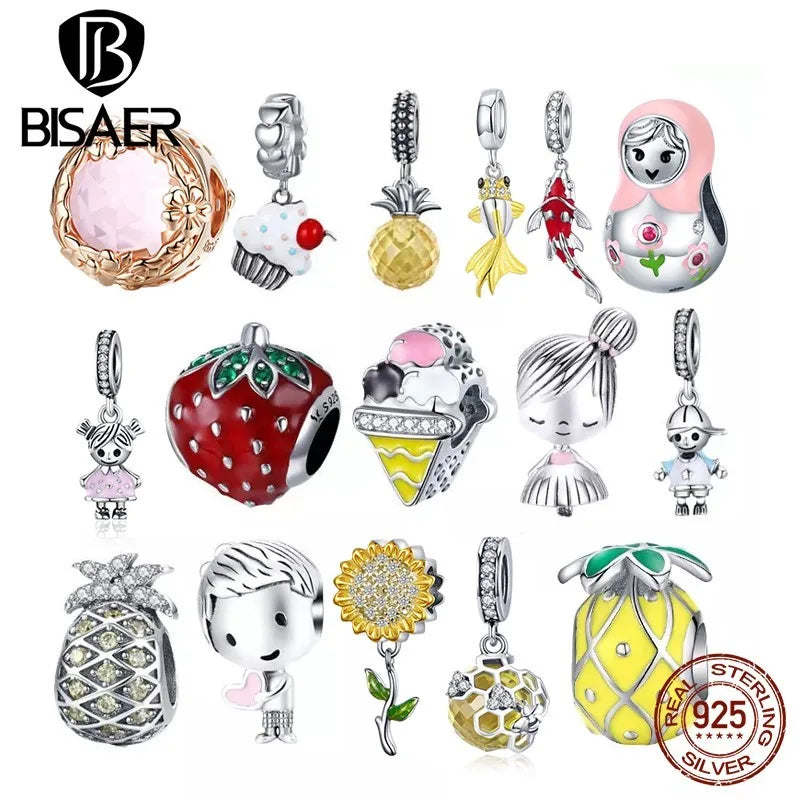 BISAER 925 Sterling Silber Paar Mädchen Jungen Anhänger Charm Ananas Erdbeere Dessert Perlen für Frauen Armband DIY Edlen Schmuck