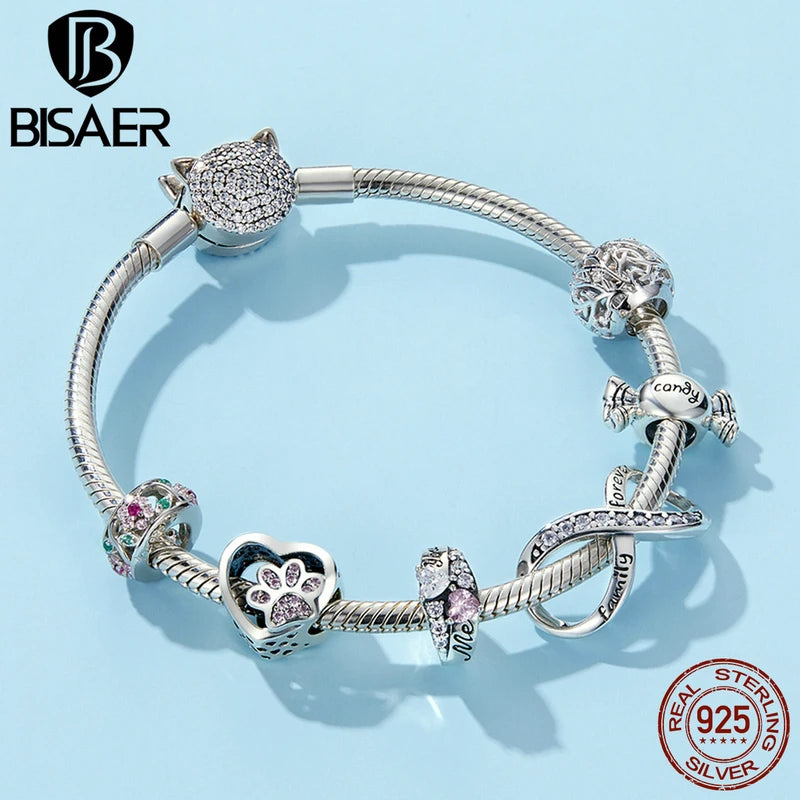 BISAER 925 Sterling Silver Airplane Pendant Boy Girl Family Eiffel Tower Charm Bag Heart bead Fit Bracelet DIY Fine Jewelry GIft