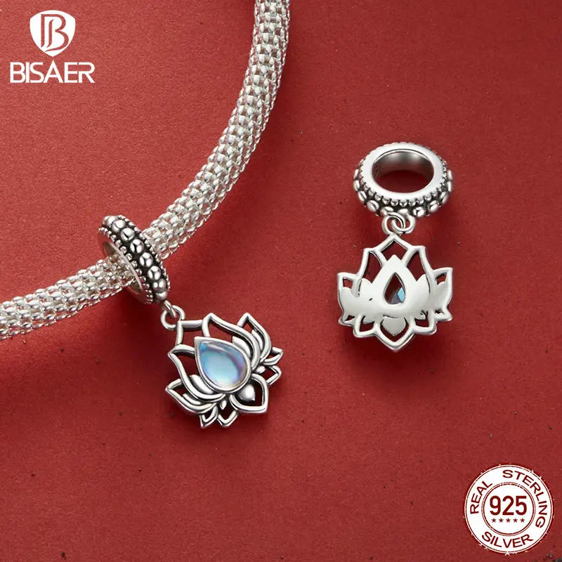 BISAER 925 Sterling Silver Lotus Hug Charm Bead Eye of Horus Hand Fatima Pendant for Women DIY Bracelet & Necklace Fine Jewelry