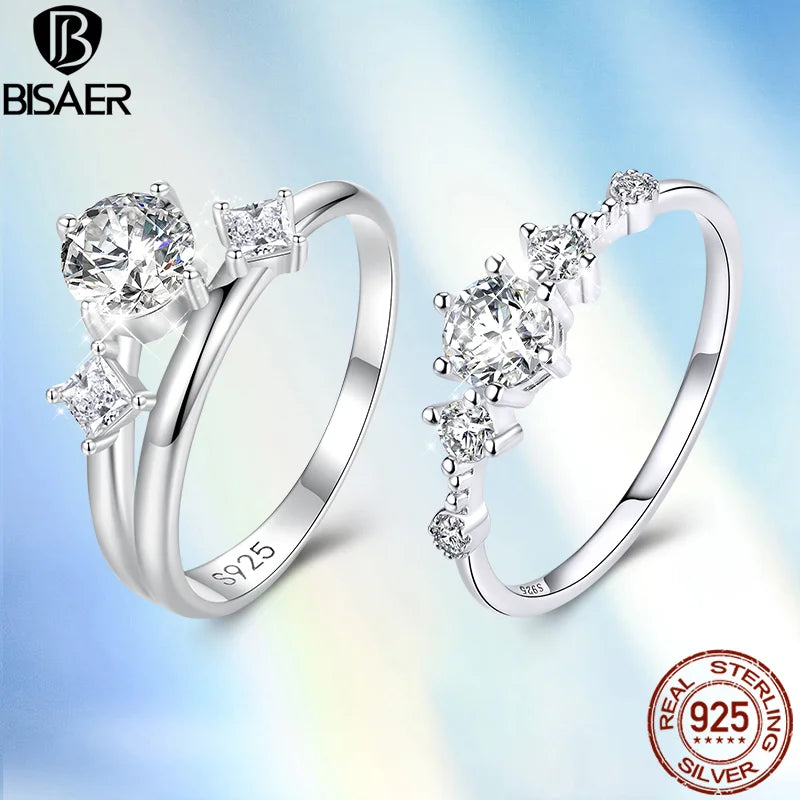 BISAER 925 Sterling Silver Sparkling Double Ring Sparkling Zircon Band Plated White Gold for Woman Party Weedding Fine Jewelry