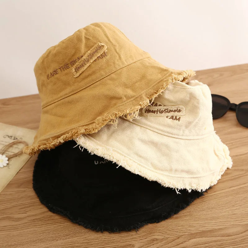 Men's Raw Fringed Bucket Hat Bob Summer Kpop Cloth Label Panama Hat for Women Hip Hop Caps Outdoor Sun Fishing Fisherman Hat