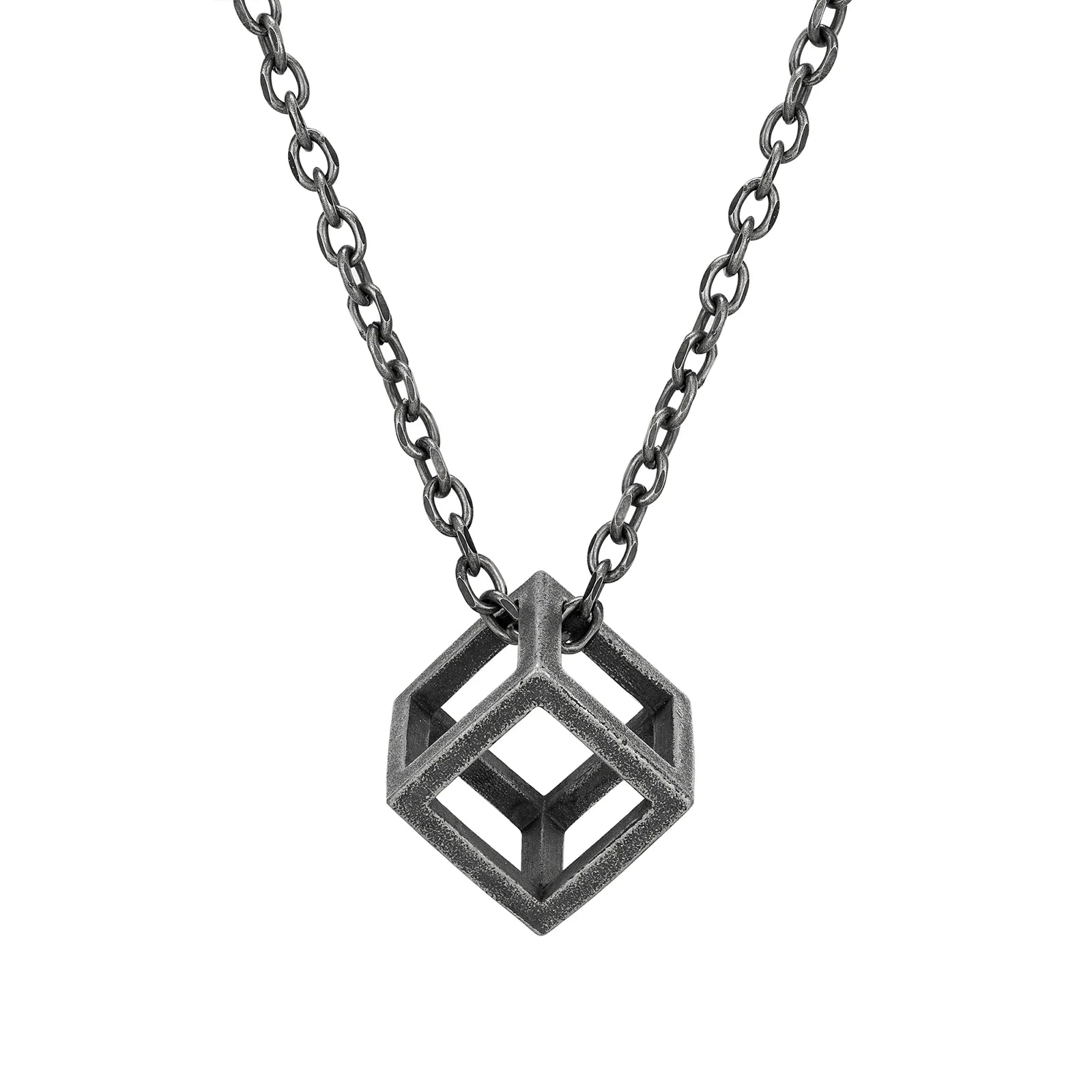 MKENDN Punk Style Vintage Oxidized Black Stainless Steel Openwork Rubik's Cube Pendant Link Chain Necklace For Men Jewelry Gift