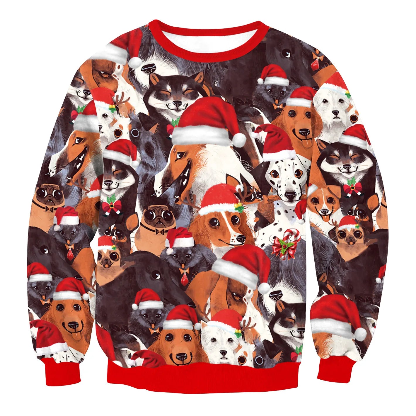 Men Women Tacky Xmas Sweater 3D Christmas Dog Snowflake Bell Reindeer Santa Printed Holiday Party Jumper Christmas Sweatshirt