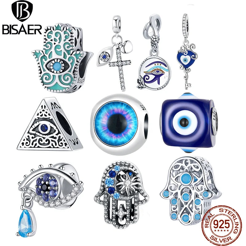 BISAER 100% 925 plata esterlina azul Fátima demonio ojo encantos cuentas cruz colgante ajuste mujeres DIY pulsera collar joyería fina