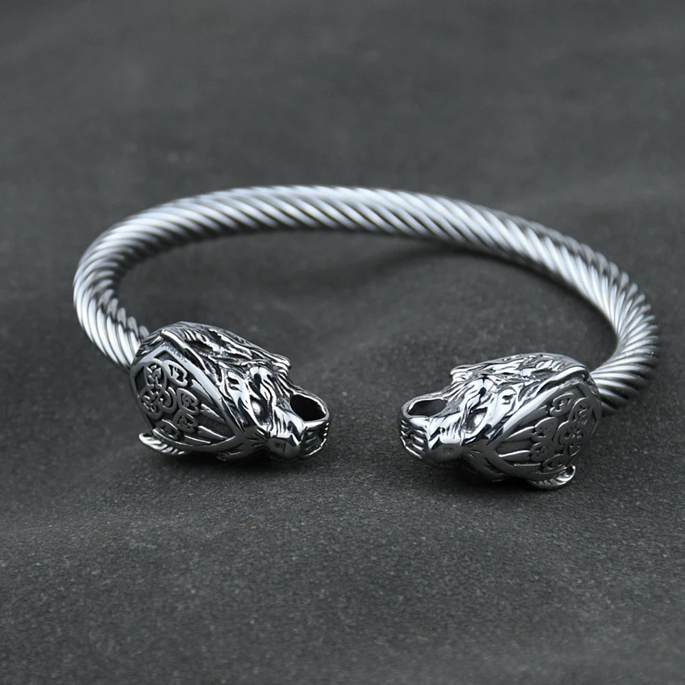 Men Stainless Steel Viking Wolf Geri and Freki Bear Paw Head Bangle amulet Bracelets for Male Gift