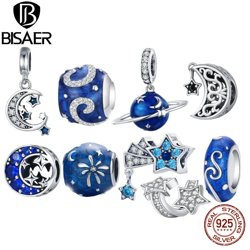 BISAER 100% 925 Sterling Silver Blue Charms Beads Galaxy Star Moon Snowflake Perles Pendant Fit Women DIY Bracelets Fine Jewelry