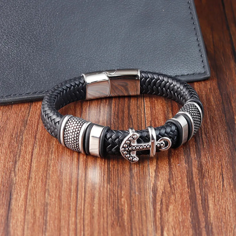 Edelstahlschmuck Trend 2024 Echtes Leder Handgewebtes Lederseil Klassiker Anker Retro Breites Armband