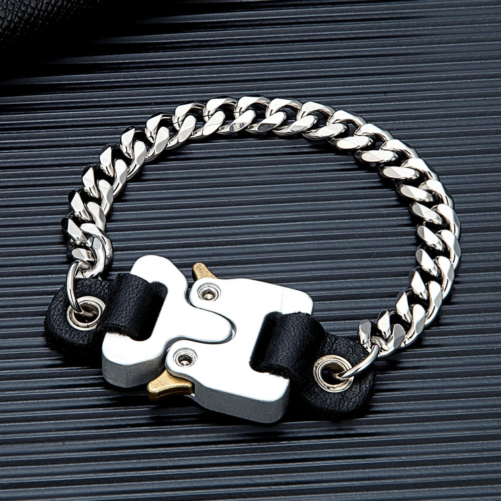 MKENDN Locomotive Men Women Punk Rock Stainless Steel  Chain Bracelet Street Vintage Gothic Safty Buckle Hiphop Jewelry