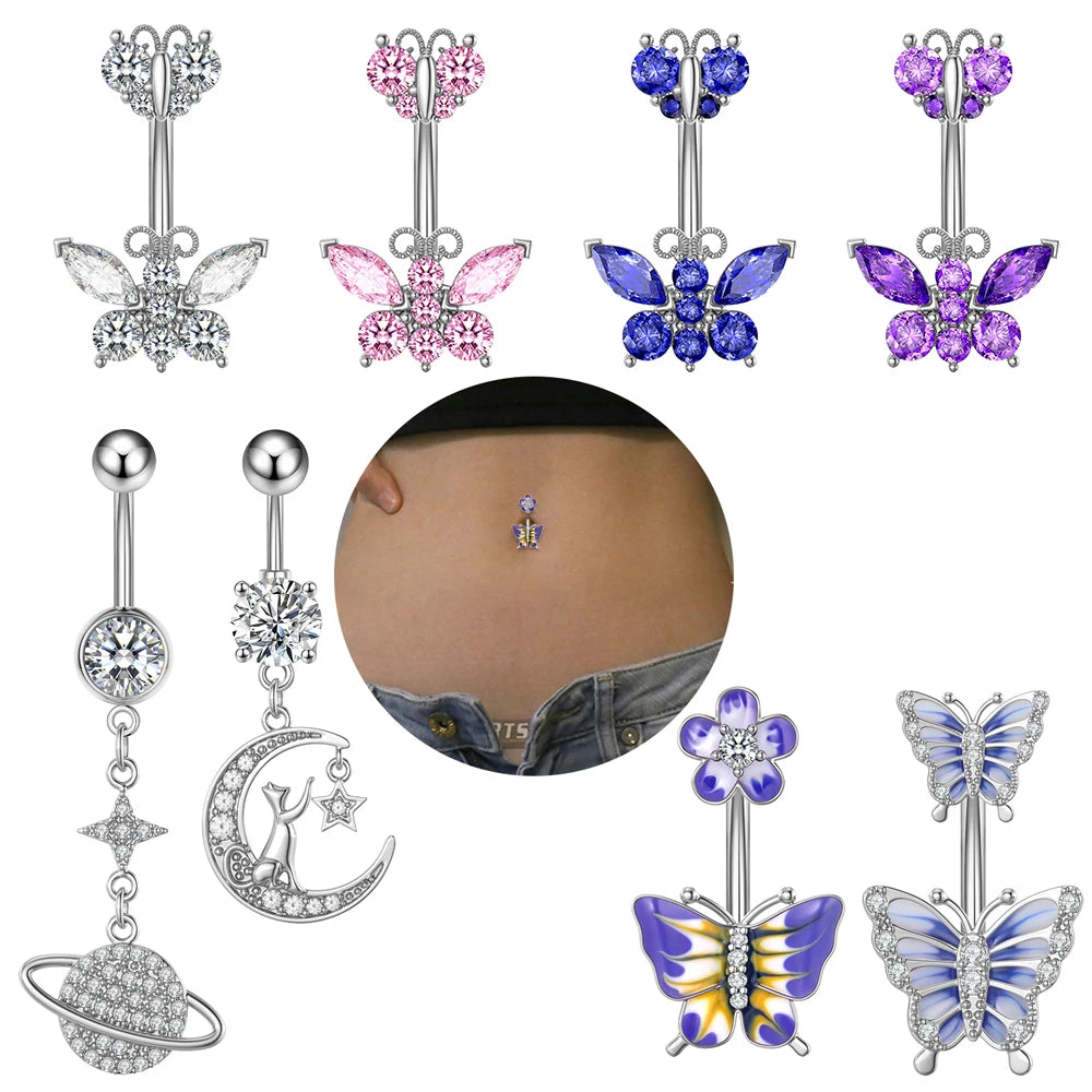 1PC Butterfly Belly Button Ring 316L Steel Pick Star Crystal Surgical Navel Rings Belly Piercing Body Jewelry Dangled Drop Oreja