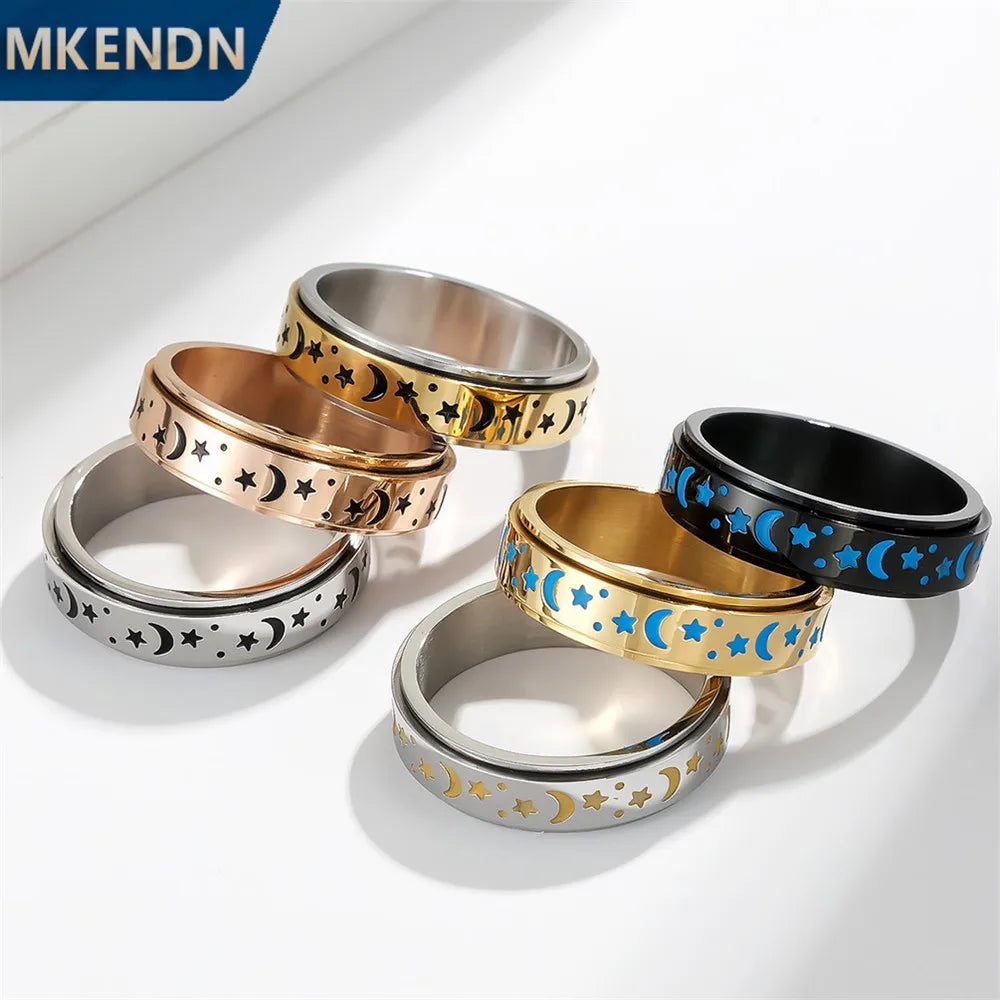 MKENDN Stylish Titanium Spinner Ring with Moon And Star Design Rotatable Durable Stainless Steel Ring For Men Gifts