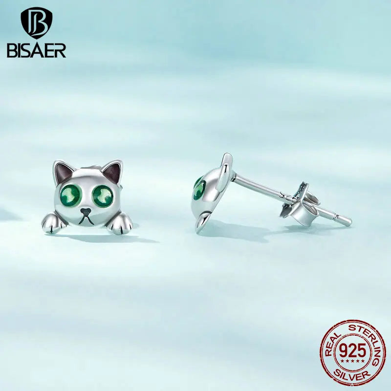 BISAER 925 Sterling Silver Cute Cat Glow-in-the-dark Stud Earrings Luminous Earrings for Women Party Fine Jewelry Gift ECE1643