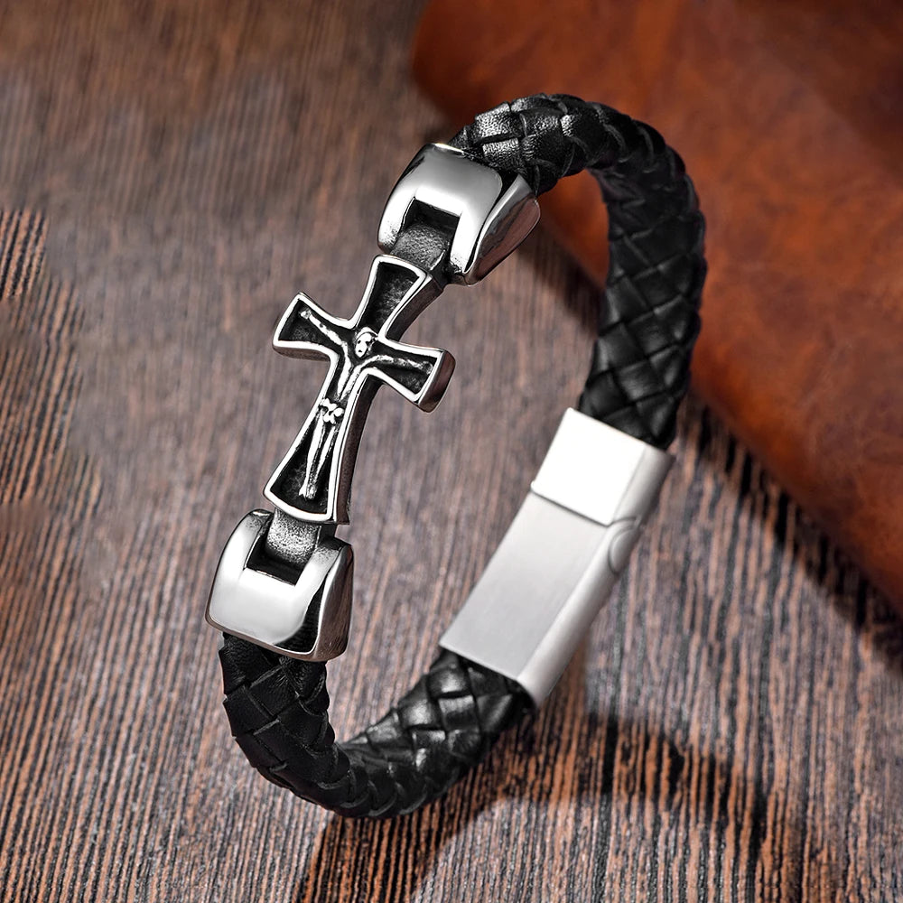 Gothic Vintage Stainless Steel Cross Bracelets For Men Women Fashion Classic Leather Jesus Bracelet Religious Amulet Jewelry