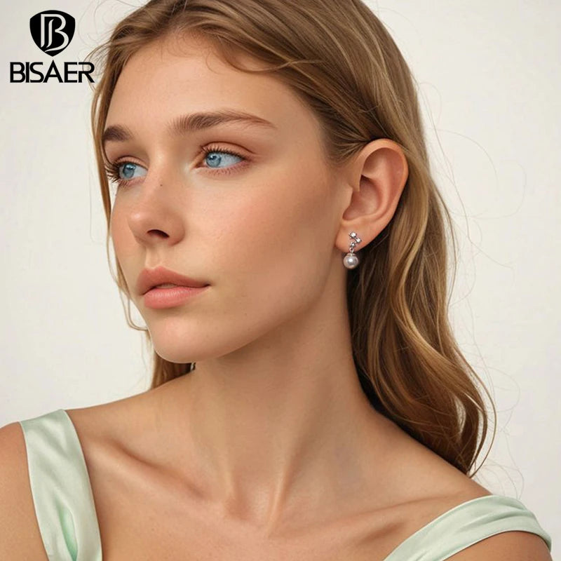 BISAER Real 925 Sterling Silver Star Stud Earrings Shell Pearl Stud Ear For Elegant Women Party Original Fine Jewelry EFE1120