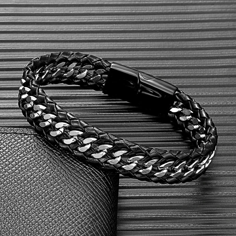 MKENDN Punk Cuban Link Chain Stainless Steel Bracelet Men Black Multilayer Braid Genuine Leather Bracelets Bicycle Jewelry