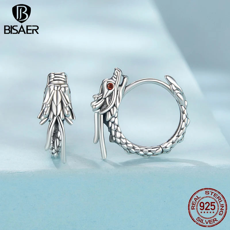 BISAER 925 Sterling Silver Retro Dragon Hoop Earrings Classic Hypoallergenic  Ear ClipFor Women Party Original Fine Jewelry Gift