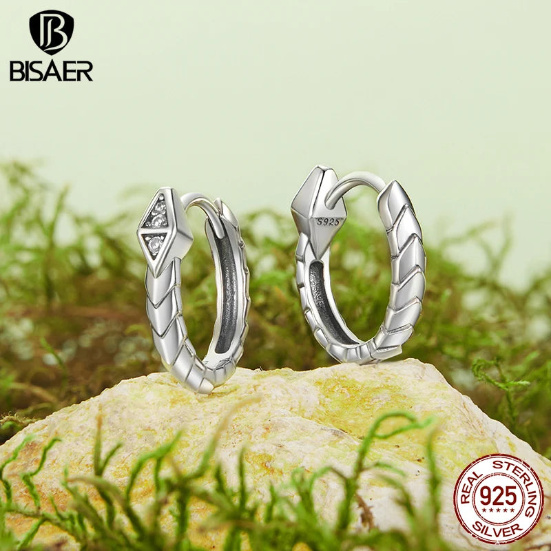 BISAER 925 Sterling Silver Snake Hoop Earrings Retro Textures Stud Earring for Hip Hop Women Party Original Fine Jewelry EFE1149