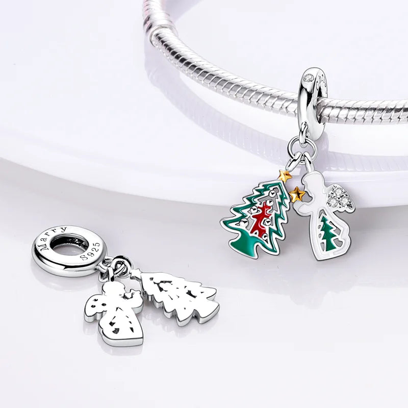 Breloque en argent sterling 925 en forme de cloche de sapin de Noël, de père Noël, de perles de couleur rouge, pour bracelet original, bijoux à faire soi-même