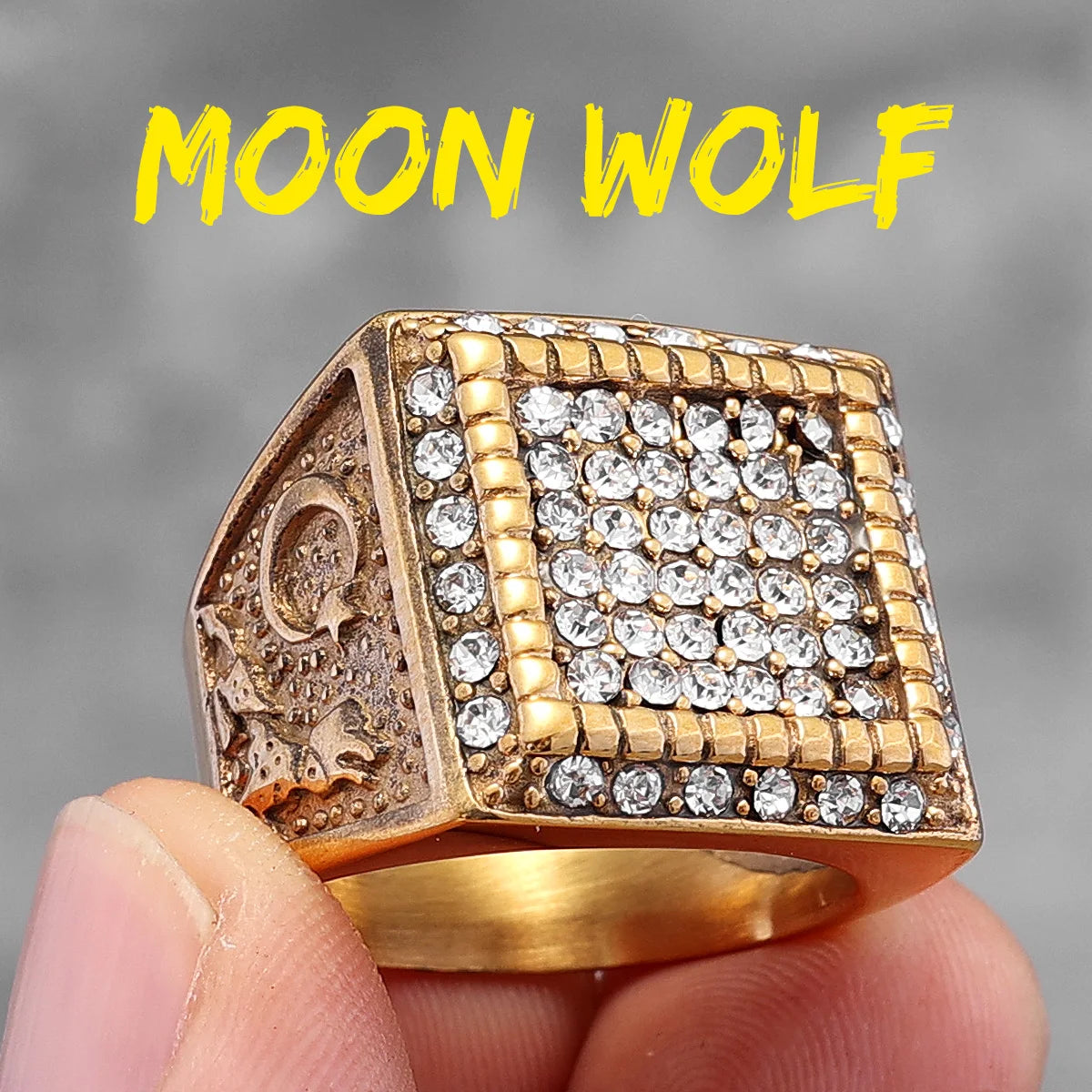 Strass Ringe Edelstahl Mond Wolf Männer Ring Hip Hop Intarsien Diamanten Klassisch für Männlichen Freund Schmuck Geschenk Dropshipping