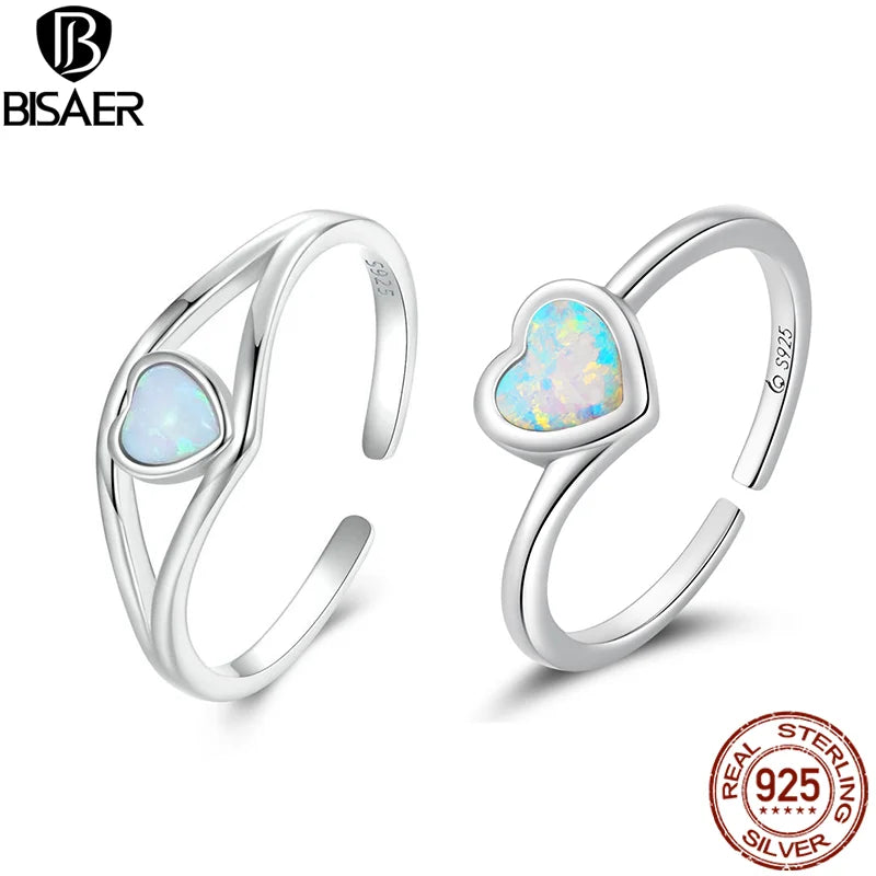 BISAER 925 Sterling Silver Opal Heart Open Ring Eternity Band Adjustable Size 5-9 Plated White Gold for Women Party Fine Jewelry