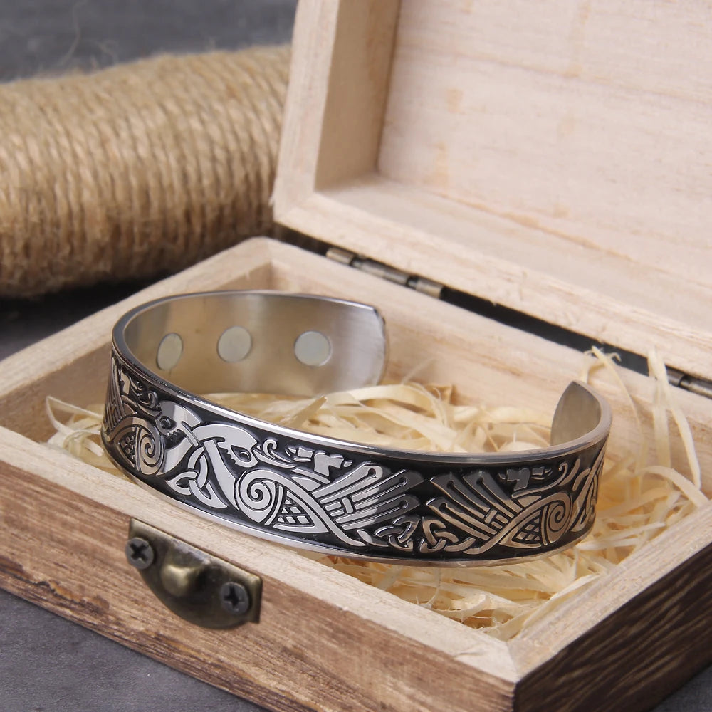 Bracelet en acier inoxydable pour homme, fait à la main, motif corbeau nordique, viking, ne se décolore jamais, avec boîte en bois en cadeau