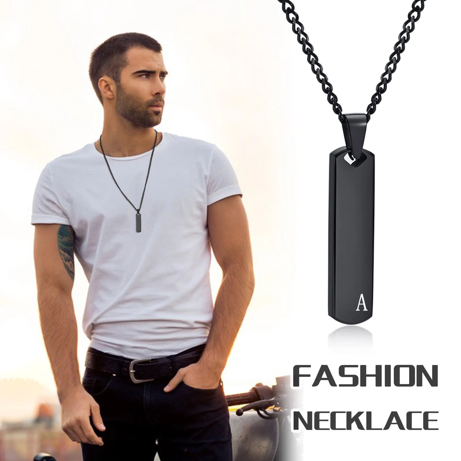 Vnox Initial Bar Necklace for Men, Thick Geometric Vertical Bar Pendant with A-Z Letters, Casual Simple Collar, Gift for Him