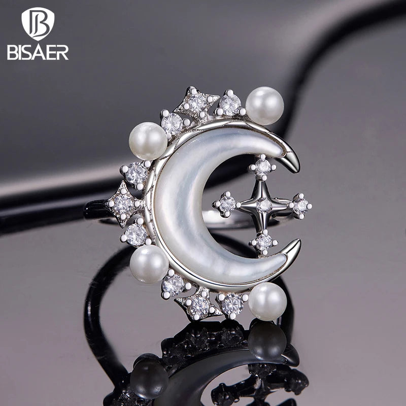 BISAER Crescent Moon Stars Open Ring Adjustable Size 5-9 For Light Luxury Women Wedding Engagement Fashion Jewelry Gift YIR243