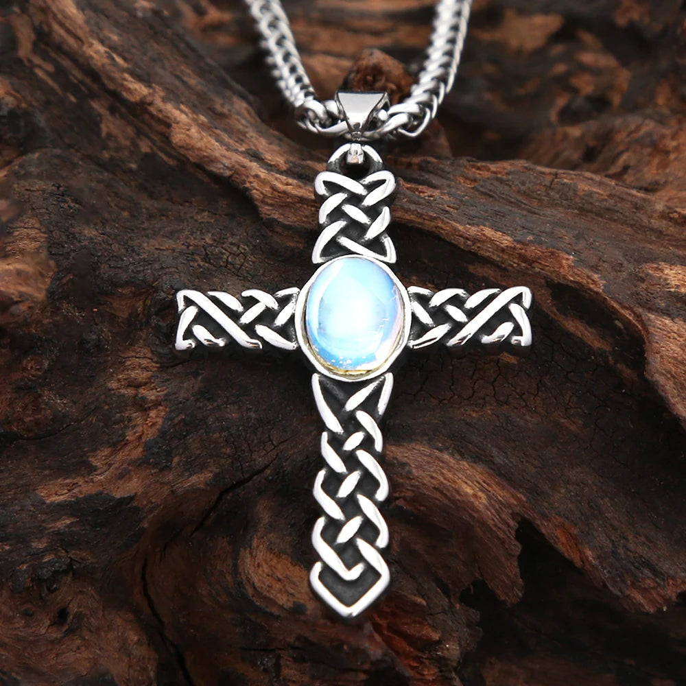 New Fashion Viking Celtics Knots Cross Pendant Necklace For Men Women Stainless Steel Gemstone Necklaces Nordic Amulet Jewelry